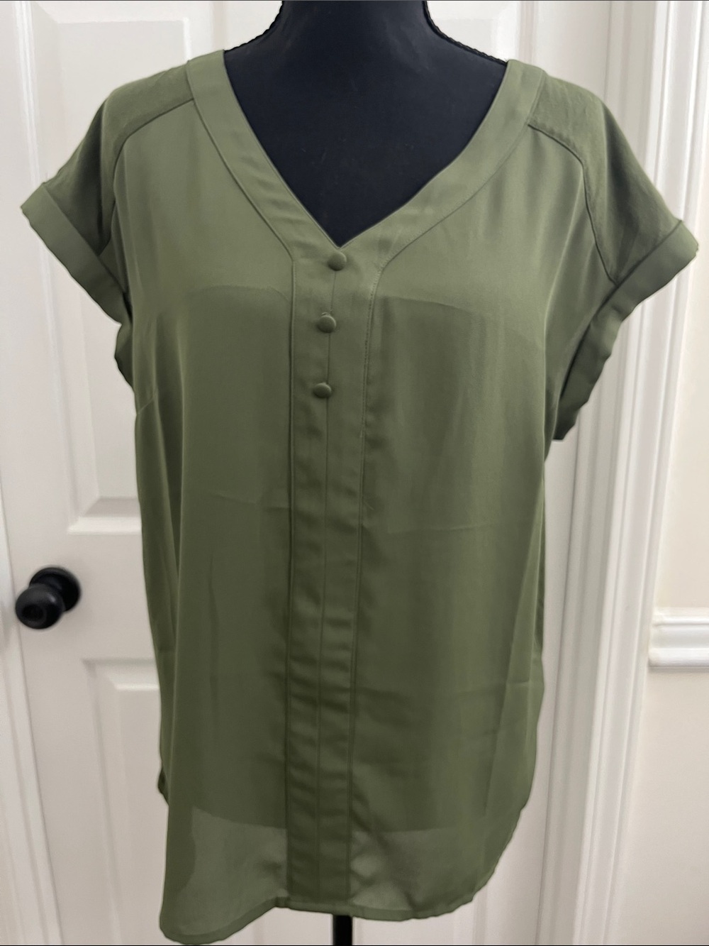 V-Neck Olive Short Sleeve Blouse with Covered Buttons